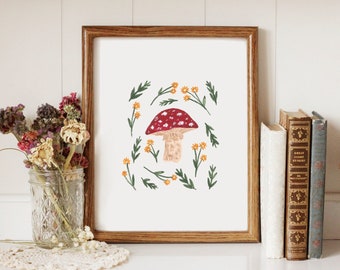 Mushroom and Yellow Flowers - Printable Art