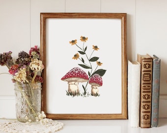 Red Mushrooms and Yellow Flowers - Printable Art