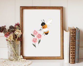 Bee Watering Flowers - Printable Art