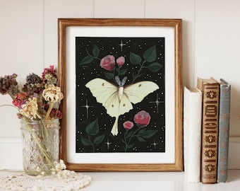Papillon lunaire et roses - oeuvres d'art à imprimer