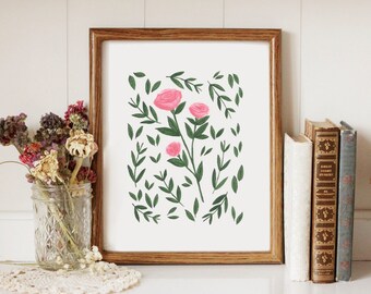 Pink Roses and Leaves - Printable Art