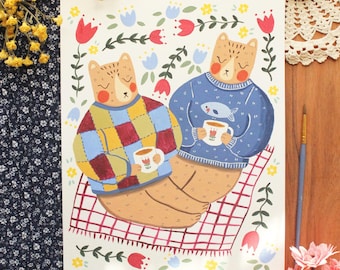Bear Friends Having Tea - Original Gouache Painting