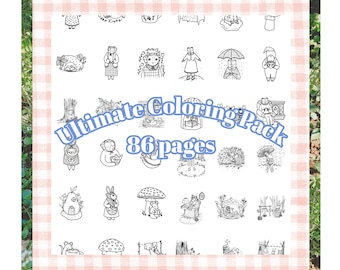 May include: A coloring pack with 86 pages of whimsical illustrations. The images are black and white line drawings of various characters and scenes, including animals, people, and nature elements. The text "Ultimate Coloring Pack" is displayed in blue cursive font.