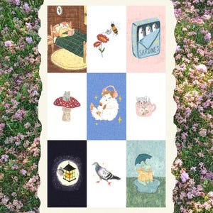 May include: A collage of nine whimsical illustrations. Depicted are a fox reading in bed, a bee watering flowers, a sardine can, a frog on a mushroom, a cat with headphones, a cat in a teacup, a lantern with a moth, a pigeon, and two frogs under an umbrella.