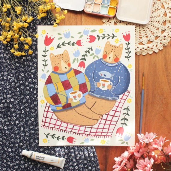 Bear Friends Having Tea - Original Gouache Painting