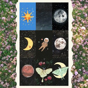 Pode incluir: Uma colagem com ilustrações com temas celestes e naturais. Inclui um sol, fases da lua, um urso em um traje espacial, planetas, mariposas e estrelas. A obra de arte é ambientada em um fundo de prado floral.