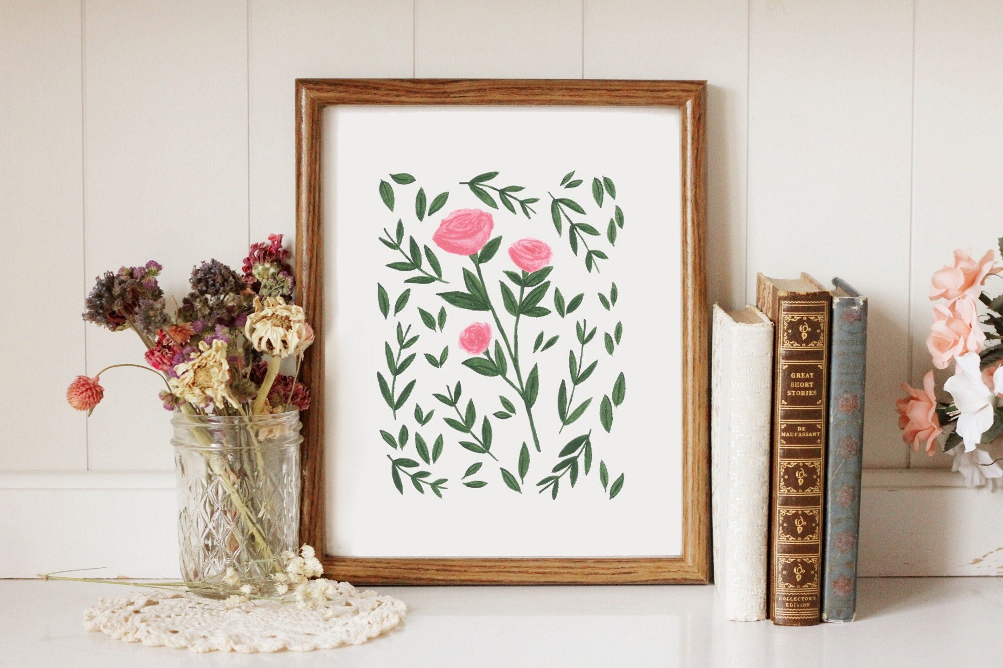 Pink Roses Prinatable Pink Roses and Leaves - Printable Art - Etsy