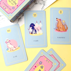 Puede incluir: Un juego de cartas de tarot con ilustraciones de perros en varias poses. Las cartas son azules con bordes amarillos y muestran el texto "Dog Tarot Deck" y "By Melonsquare Studios".