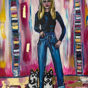May include: An acrylic painting featuring a blonde person in a black long-sleeve shirt and blue jeans standing between two black and white spotted dogs. The background is a vibrant mix of pink, gold leaf accents, and vertical striped columns.
