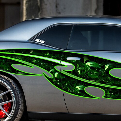 Ripped Metal full color Car vinyl Design, Tribal skull racing stripes