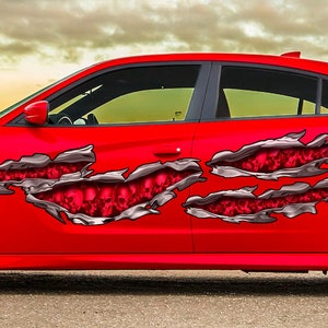 Pirate Skull Full Color Car Vinyl Design, Skulls Car Wrap, Skulls Racing Stripes Vinyl Decal, Skull Ripped Metal Car Vinyl Sticker