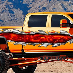 Ripped Metal full color car vinyl design, 3D Dragons racing stripes vinyl side graphics, Dragon car vinyl decal, Lizard car side wrap