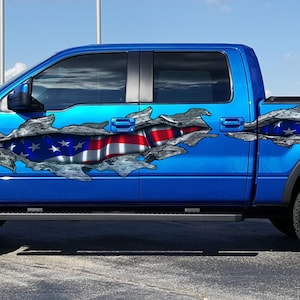 American Flag Ripped Metal Truck Decal – Patriotic USA Vinyl Graphic for Pickup Sides, 3D Effect Vinyl Wrap