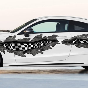 Ripped Metal Checkered Flag Street Racing Graphic, Car Vinyl Design Racing Flag Car Vinyl, Auto Wrap Tribal Checkered