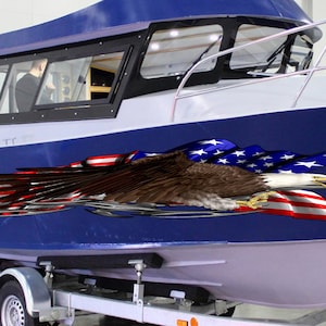 Distressed American Flag & Shark Fishbones Modern Lines Graphic Vinyl Boat  Wrap