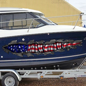 Amerikaanse vlag gescheurd metaal auto vinyl, waterscooter wrap, US Pride speedboot vinyl, sigarenboot wrap, jacht 3D afbeelding