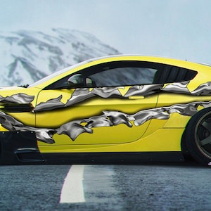 Ripped Metal Full Color Car Vinyl Decal, 3D Ripped Metal Car Side Graphics, Ripped Metal Car Vinyl Side Sticker, Car Side Wrap