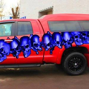 3D Pirate Skull Truck Vinyl Decal, Skull Racing Stripes Car Sticker, Skulls Full Color Truck Side Graphics, Tribal Skulls Car Wrap