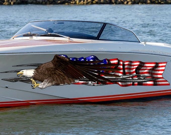 USA flag Boat Wrap Ripped Metal, 3D Bald Eagle Watercraft Graphic, Full Color Speed Boat Vinyl Design, US eagle Yacht Wrap Sticker