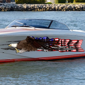 USA Flag Boat Wrap – 3D Ripped Metal Bald Eagle Vinyl Decal – Patriotic Marine Graphics – Boat, Truck, Trailer Full Color Vinyl Sticker