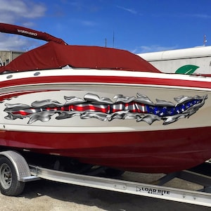 American Flag Boat Decal – Ripped Metal Vinyl Wrap for Boats, Patriotic USA Graphic Sticker, Waterproof Marine Vinyl for Hull or Sides