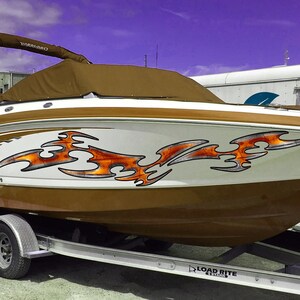 Tribal Boat Full Color Vinyl Sticker, Watercraft Vinyl Decal, Sword Speed Boat Graphics Decal, Tribal Racing Stripes Designer Sticker
