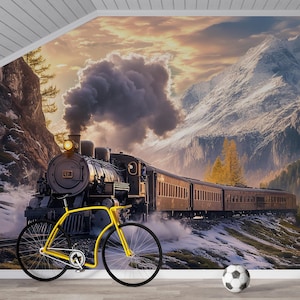 Train in the Mountains Wallpaper Mural – Vintage Steam Engine Wall Art – Boys Room Adventure Decor – Snowy Railway Landscape Nursery Mural
