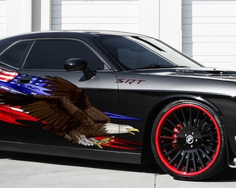 Ripped Metal US Eagle Full Color Car Vinyl Design, Checkered Flag Side Graphics American Pride Wrap, Tribal US Flag Wrap