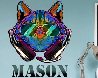 Cool cat stickers ,wall sticker ,Music cat Gift for music lovers cat Cool decor for living room Music decal wall Custom name decal-GD579