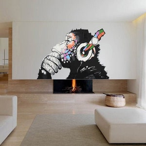 Banksy Monkey Stickers Monkey with Headphones Wall Decal/Colorful Chimp Listening to Music Earphones/Street Art Graffiti Sticker-AN-214