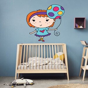 Cute Little Girl Catching Color Balloons Wall Stickers Cartoon Figure Decals for Kids Rooms Girl&#39;s Bedroom Home Decor Multi Color k-912