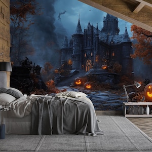 Gothic Castle Halloween 3D Wallpaper – Haunted Mansion Wall Mural with Glowing Jack-O’-Lanterns – Spooky Fall Bedroom or Retail Decor