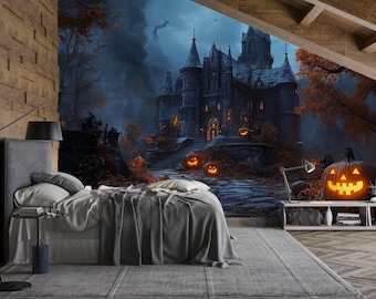Gothic Castle Halloween 3D Wallpaper – Haunted Mansion Wall Mural with Glowing Jack-O’-Lanterns – Spooky Fall Bedroom or Retail Decor