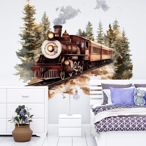 Calcomanía de vinilo de tren rústico - Adhesivo de pared de motor de vapor clásico - Decoración de tren extraíble para habitación de niños, guardería o sala de estar Vn019