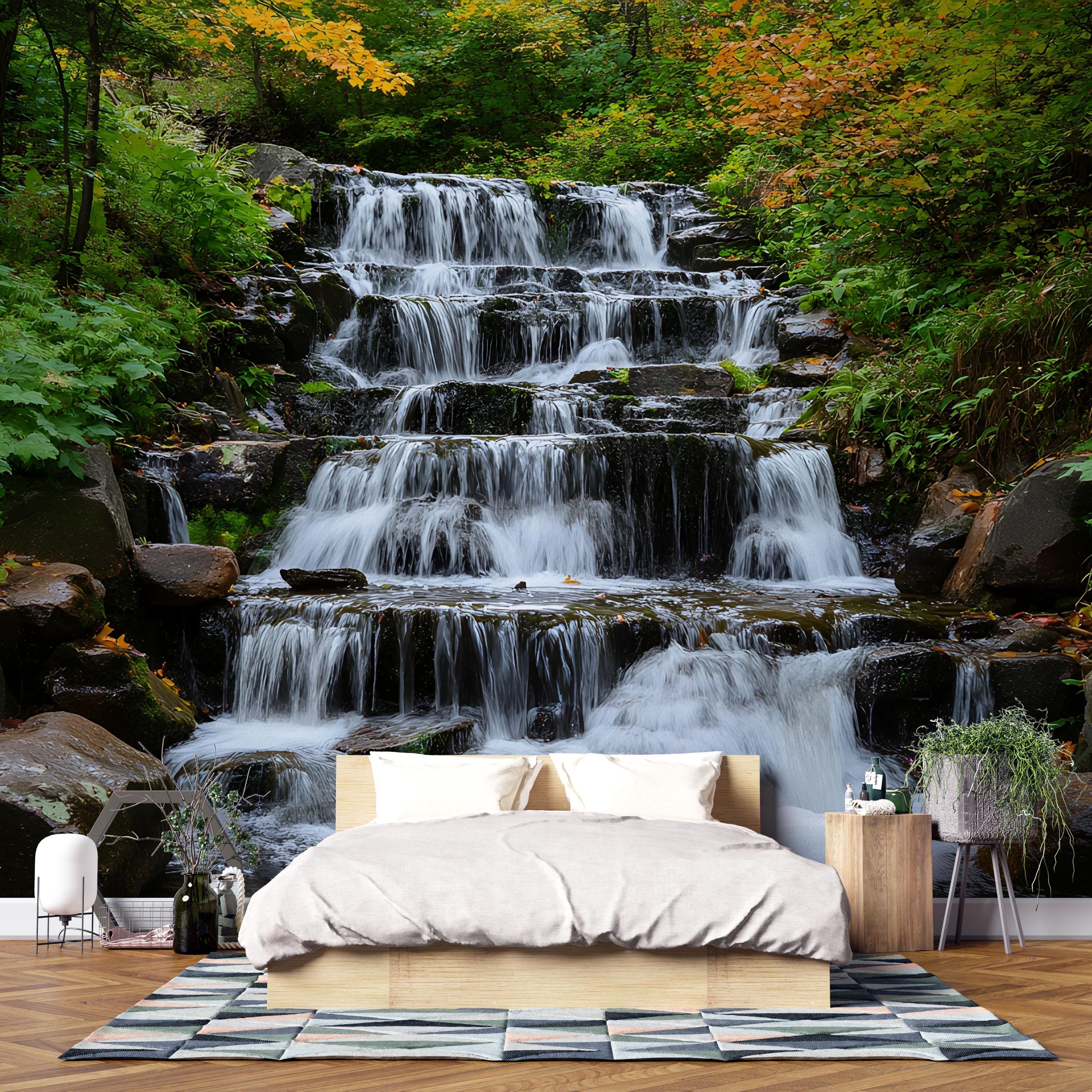 Tiered Waterfall Wallpaper Mural With Flowing Stream in Lush Forest ...