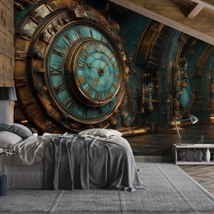 May include: A bedroom with a steampunk-themed mural featuring a large clock with teal and bronze accents. The room includes a bed with gray bedding, a gray rug, and a wooden accent wall. A black lamp and side table are visible.
