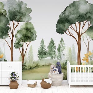 Forest Watercolor Nursery Mural – Calm Woodland Kids Wall Art – Nature ...