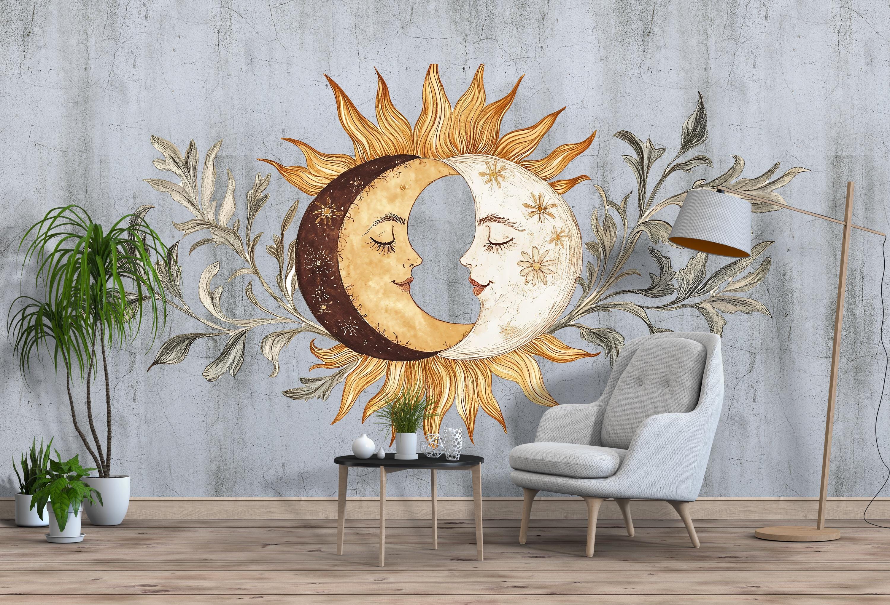 Sun and Moon Wall Decal • Boho Celestial Mural With Leaves • Spiritual ...