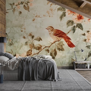 Vintage Bird Floral Wallpaper Mural – 3D Botanical Wall Decor – Peel And Stick Stylish Bedroom Living Room Wallpaper – Modern Bold Holiday