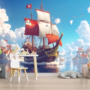 ヴィンテージの航海船の壁画 - 子供部屋に最適な海賊アドベンチャー
