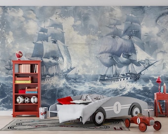 Carta da parati vintage con veliero, murale nautico con oceano, decorazioni marittime per la cameretta dei ragazzi, audace arte murale costiera, elegante carta da parati regalo