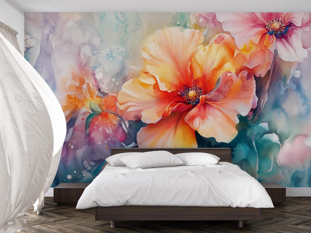 Bold Watercolor Floral Wall Mural – Colorful Flower Wallpaper for ...