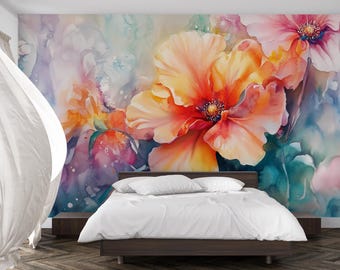 May include: A watercolor painting of colorful flowers with a bed in the foreground. The flowers are painted in shades of pink, orange, yellow, and blue. The bed has white linens and a wooden frame.