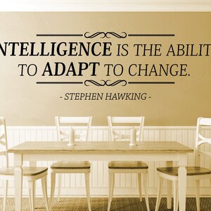 May include: A dining room scene featuring a light wood table and four white chairs. Above the table, a quote in black text reads: "INTELLIGENCE IS THE ABILITY TO ADAPT TO CHANGE." - Stephen Hawking.