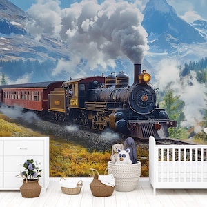 Train in the Mountains Wallpaper – Steam Locomotive Wall Mural – Boys Room Railroad Decor – Snowy Adventure Scenic Wallpaper for Nursery
