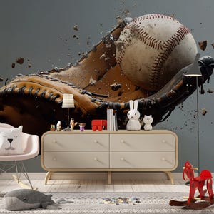 Baseball Wall Mural – 3D Baseball & Glove Sports Wallpaper – Gift for Sports Lover – Boys Room Decor – Baseball Themed Wall Art