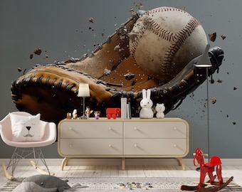 Baseball Wall Mural – 3D Baseball & Glove Sports Wallpaper – Gift for Sports Lover – Boys Room Decor – Baseball Themed Wall Art