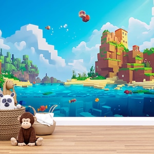 Blocks Ocean Wall Mural for Kids – Pixel Art Adventure Room Decor – Boys Bedroom Wallpaper – Peel and Stick Wall Art