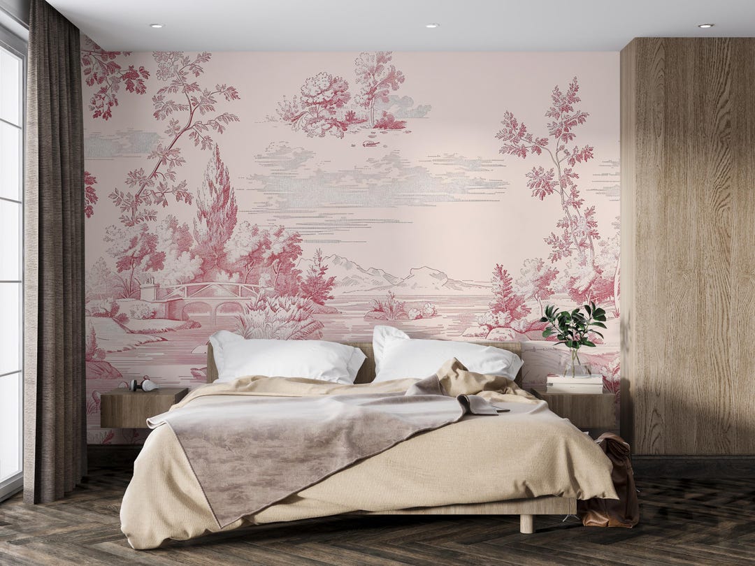 Pink Toile Wallpaper Mural – Elegant Vintage French Style Wall Decor ...