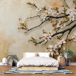 Kirschblütenzweig Wandbild - 3D Floral japanische Kunst Tapete | Von der Natur inspiriertes Schälen und Aufkleben oder traditionelles Wandbild